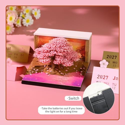 3D Calendar 2027 With LED Lights,3D Desk Calendar Memo Pad 2027,3D Art Calendar Memo Pad 2027,Tear-Off Paper Sculpture Desk Calendar,3D Paper Art Notepad,Cherry-Tree Desktop Decoration,New Year,Christmas Gift (Cherry-Tree) - Image 3
