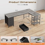 Huuger 55 Inch L Shaped Desk with Fabric Drawers, Reversible Computer Gaming Desk with Power Outlets and USB-C Port, Adjustable Side Storage Shelves, for Work Study Corner Home Office, Grey,1CD078H - Image 3