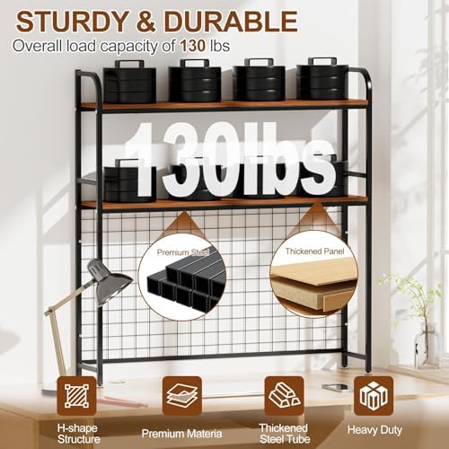 2-Tier Desk Shelf with Grid Panel, Freestanding, Black, 37.4" W - Image 4