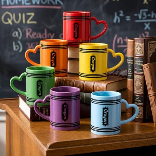 Pickmesh Back to School Teacher Gifts, Set of 6 Crayon Mugs, 10 oz Ceramic Crayon Shaped Coffee Cups with Heart Handles, Colorful Teacher Appreciation Gifts for Classroom, Preschool and Daycare - Image 3
