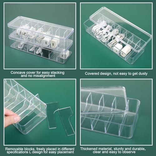 ProSuites Cable Organizer Box with Lid, 5 Pcs Clear Cord Storage Organizer with 50 Cable Ties 108 Cable Labels, Charger Organizer for Office Desk Drawer Organizers and Accessories - Image 3