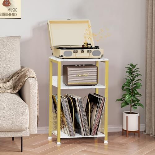 LELELINKY Side Table,White Marble Night Stand with Golden Metal Frame,3 Tier Industrial Wooden Record Player Stand with Vinyl Storage Shelf ,End Tables for Living Room Bedroom Small Spaces - Image 7