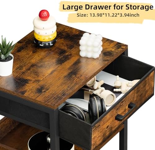 Lerliuo End Table with Fabric Drawer,3 Tier Industrial Wood Side Table with Storage,Modern Tall Printer Stand,Vintage Brown Nightstand,Rustic Bedside Tables for Living Room Bedroom Small Spaces - Image 5