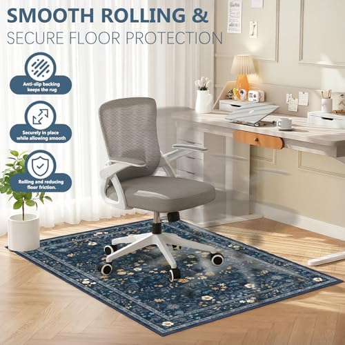 Office Chair Mat for Hardwood Floor & Tile Floor,36"X 48"-Dark Blue Floral - Image 4