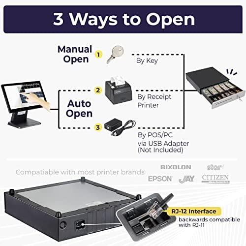 Volcora Cash Register Drawer for (POS) Point of Sale System 16", Stainless Steel Removable Coin Tray, 5 Bill/6 Coin, 12-24V, RJ11/RJ12 Key-Lock, Cash Till, Money Drawer for Businesses, Black - Image 4