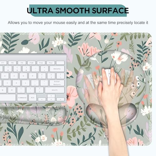 AIMSA Keyboard Mouse Pad Set, Extended Mouse Pad, Keyboard Wrist Rest Support, Memory Foam Ergonomic Desk Pad Set for Home Office Study Game, Pink White Flowers Plants - Image 3