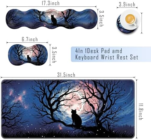TGFEWYTJYJ Extended Gaming Mouse Pad,Memory Foam Ergonomic Keyboard Mouse Wrist Rest Support Set,Large Desk Mat with Stitched Edges,Non-Slip Base Mousepad Home Office,Black Cat Moonlight - Image 2