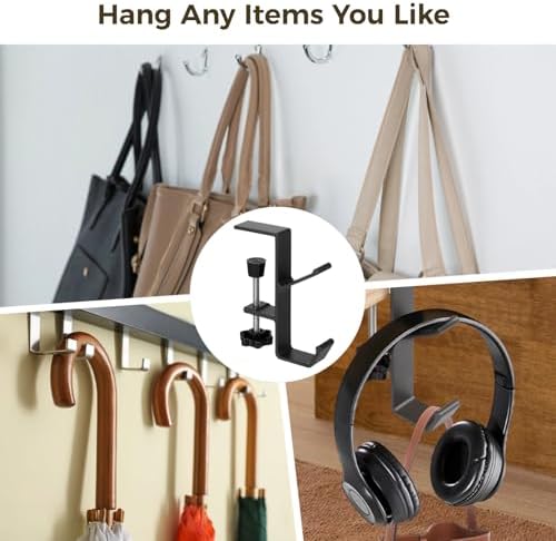 Double-Hook Design, Clamp-On Under Desk Holders, 6 Pcs Desk Mount Bag Holders, Clip-On Backpack Headphone Hangers for Tables, Portable Desk Purse Hooks, Gray - Image 6