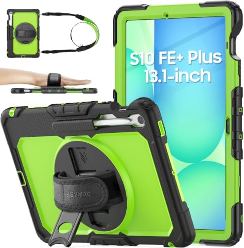 SEYMAC stock Case for Samsung Galaxy Tab S10 FE+ Plus 5G Tablet Case 13.1'' Protective with Screen Protector, Pen Holder, 360 Rotate Stand, Hand Strap, Shoulder Strap, Green1 by SEYMACstock