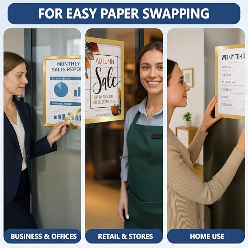 12 Pack Magnetic Sign Holder 11 x 17 with Adhesive Back - Gold Magnetics Poster Frame & Magnetic Paper Holder - Reusable Adhesive Frames 11x17 - Magnet Frame for Wall Windows - Magnet Document Holders - Image 7