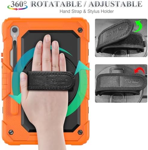 SEYMAC stock Case for Samsung Galaxy Tab S10 Lite / S10 FE / S9 FE 5G / S9 Tablet Case 10.9''/ 11'' Protective with Screen Protector, Pen Holder, 360 Rotate Stand, Hand Strap, Shoulder Strap, Orange - Image 3