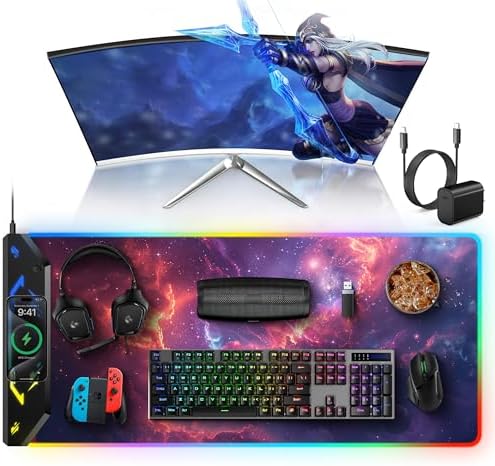 5-in-1 RGB Mouse Pad with Wireless Charging, Gaming Desk Mat, Red Nebula by TopmadeProduct-Ordernow