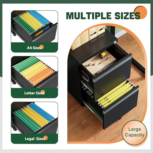 Letaya Mobile File Cabinet with Lock,2 Drawer Under Desk Metal Rolling Filing Cabinets for Home Office Organizer Letters/Legal/A4(Fully Assembled-Black) - Image 5