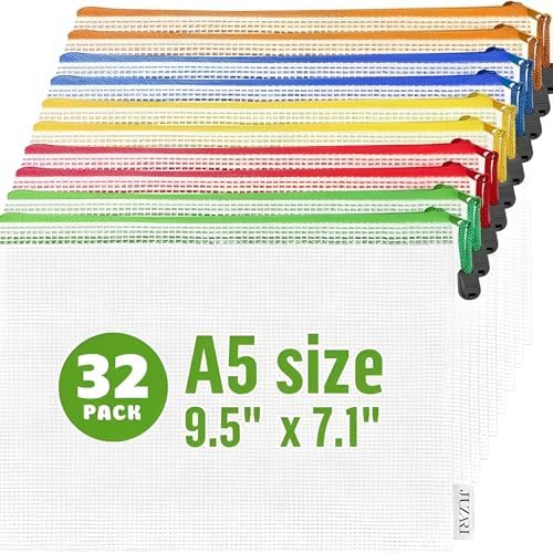 32 Pack A5 Mesh Zipper Pouch Bags - Small Plastic Zipper Pouches for Organizing 7x9 - Mesh Pouch with Zippers Bags for Organizing - Zippered Bag for Office Supplies Travel Accessories Receipts Makeup by Juzari