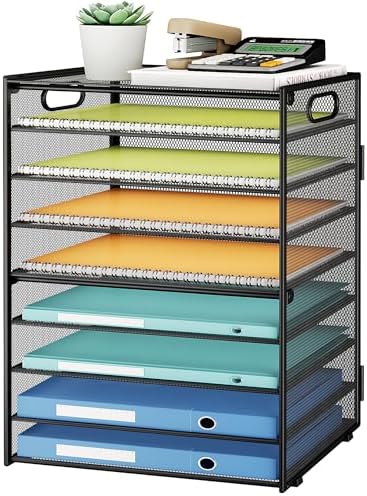 SUBEKYU 9 Tier Paper Organizer for Desk - Black Metal Mesh Letter Tray File Paper Sorter Organizer Include 6 Pcs Adjustable Height Slid Tray with Handles for Office School Home Organization Storage by SUBEKYU