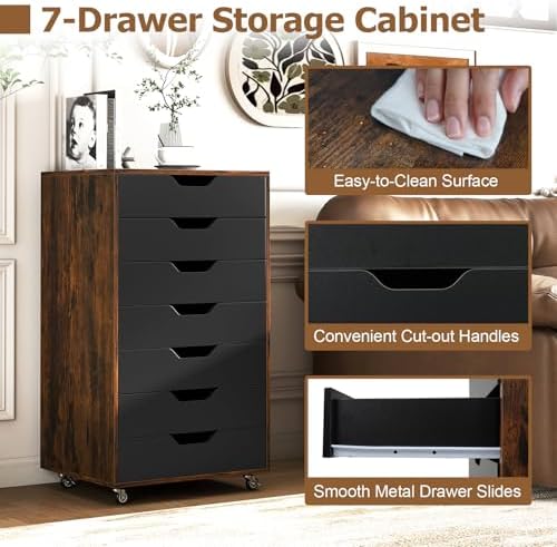 GIANTEX 7-Drawer Storage Cabinet, Mobile File Organizer with 4 Universal Casters, Wooden Vertical Filing Cabinet on Lockable Wheels for Office, Study, Living Room (19.5” x 16” x 34.5”,Brown+Black) - Image 5