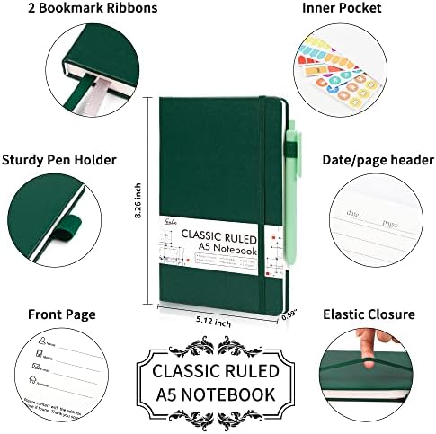 feela 5 Pack Journal Notebook Bulk for School, Hardcover Business Notebooks Classic Ruled Lined Journals with Pen Holder for Work Note Taking, with 5 Black Pens, 120 GSM, 5.1”x8.3”, A5, Dark Green - Image 2