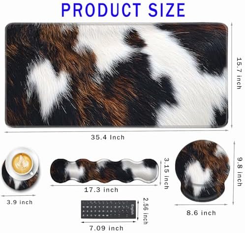 Mouse Pad,Large Pink Desk Mat, 4in1 XXL Mousepad + Keyboard Wrist Rest+Mouse Wrist Rest+Coaster Set with Ergonomic Desk Pad for Home Office Table Computer-Cute Cowhide Brown Black Cow - Image 2