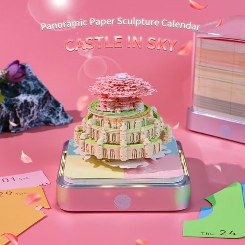 Time Piece Calendar,3D Art Calendar Memo Pad 2026 Creative Desk Calendar with Light,Castle in Sky Tear Away Paper Carving 3D Memo Pad Art Notepad Christmas Gift - Image 2