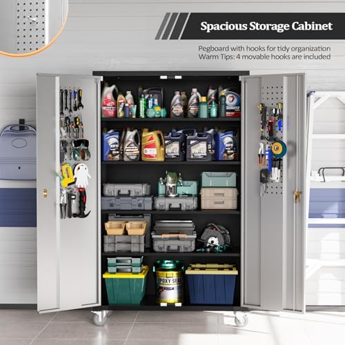 VINGLI Upgraded Wide & Deep Garage Storage Cabinet, Metal Storage Cabinet with Pegboards, Wheels, Locking Doors and Adjustable Shelves (Black & Silver, 43''W x 20''D x 72''H) - Image 3