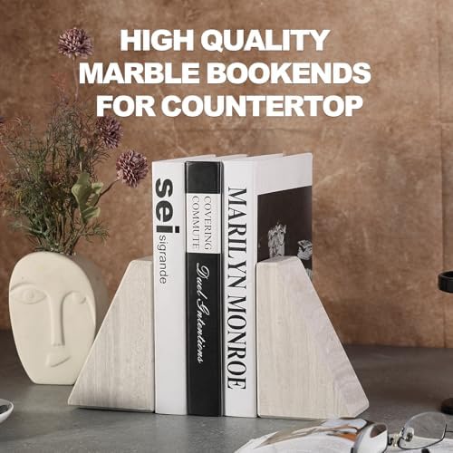Marble Book Ends for Heavy Books, Decorative Bookends for Shelves, Durable and Heavy-Duty Bookends for Hardback Book & CDS, Off-White Unique Books Stopper & Holder, Set of 2 - Image 3