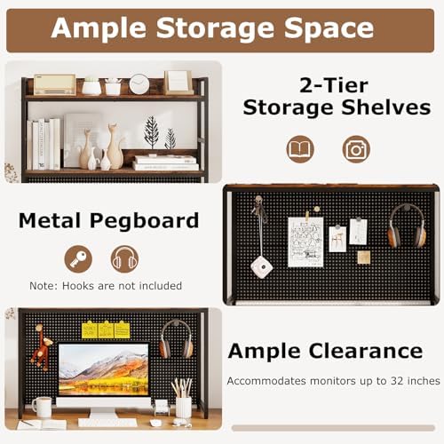 GOFLAME Desktop Bookshelf with Pegboard, 37 Inch Industrial Desk Hutch for Computer Monitor, 2-Tier Countertop Organizer Shelf with Safety Guardrails for Home Office, Dorm, Study, Rustic Brown - Image 5