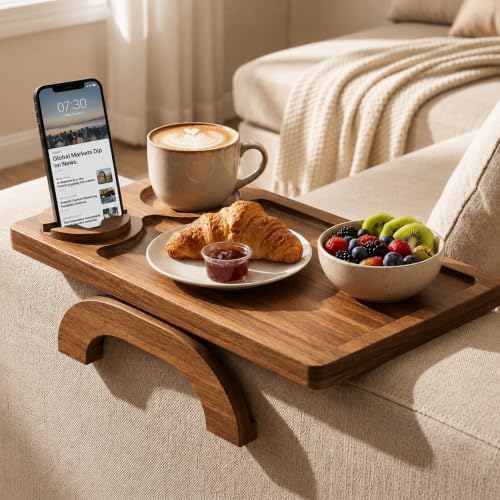 Acacia Wood Sofa Arm Tray - 3-in-1 Couch Arm Table with Phone Holder, Cup Holder & Foldable Tray - Armrest Clip-On Design for Couch with 360° Rotated Phone Holder by Unknown