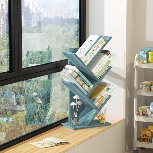 SHEEPAM Small Tree Book Shelf,5 Tier Bookshelf, Wood Desktop Bookcase - Image 5