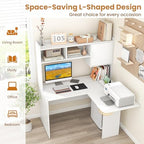 GIANTEX L Shaped Desk with Hutch, White Corner Desk with Storage Shelf & Cabinet, Laptop PC Table Gaming Computer Table Workstation, Modern Executive Study Writing Desk for Home Office, Bedroom - Image 6
