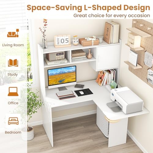 GIANTEX L Shaped Desk with Hutch, White Corner Desk with Storage Shelf & Cabinet, Laptop PC Table Gaming Computer Table Workstation, Modern Executive Study Writing Desk for Home Office, Bedroom - Image 6