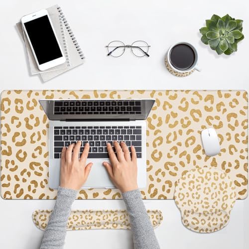 Arttown Keyboard Mouse Pad Set, 4 in 1 Desk Mat Set Leopard Gold - Image 7
