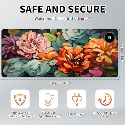 Heated Mouse Pad Hand Warmer, Warm Desk Pad Mousepad Desk Mat with 3 Levels Heating and Auto Shut Down 31.5 x 13 inch PU Leather Warmer Keyboard Mat for Gaming Office Home, Art Watercolour Flowers - Image 2