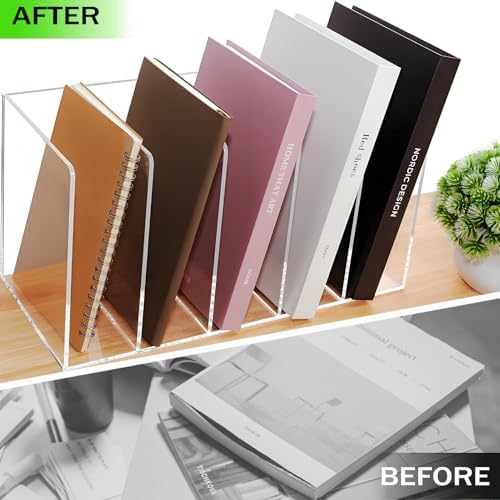 Acrylic Magazine File Holder with 5 Vertical Compartments, Clear Desk Organizer and Magazine Storage Rack File Organizer Bookshelf for Office Desktop Accessories, Home Workspace - Image 6