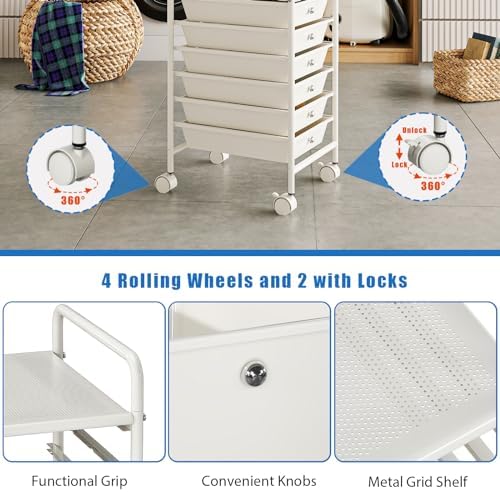 Rolling Storage Cart with Drawers 6-Tier Lock Wheels Office White - Image 5