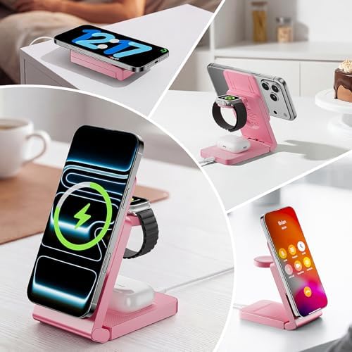 3-in-1 Charging Station for Apple Devices, Foldable Magnetic Wireless Charger Stand, Fast Charger Station for iPhone17/16/15/14/13/12 Pro Max/ AirPods2/3/4 and IWatch Ultra Series(Pink) - Image 6