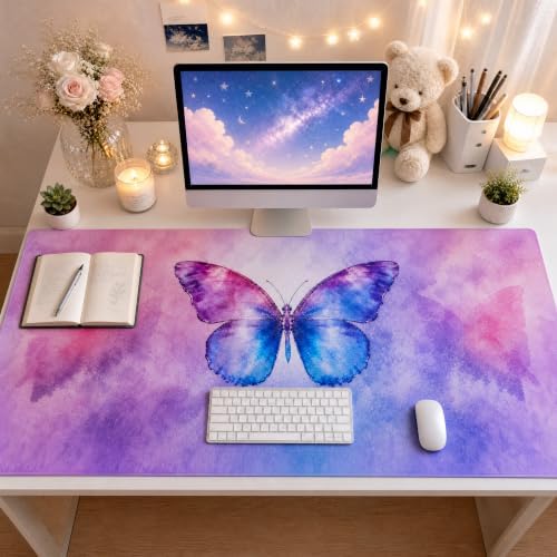 Butterfly Desk Mat 48"x24" - Aesthetic Watercolor Extended Mouse Pad by HOME