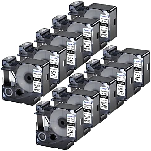 10PK 19mm Replace for Dymo Rhino Flexible Nylon Labels 18489 Black on White by SuperInk