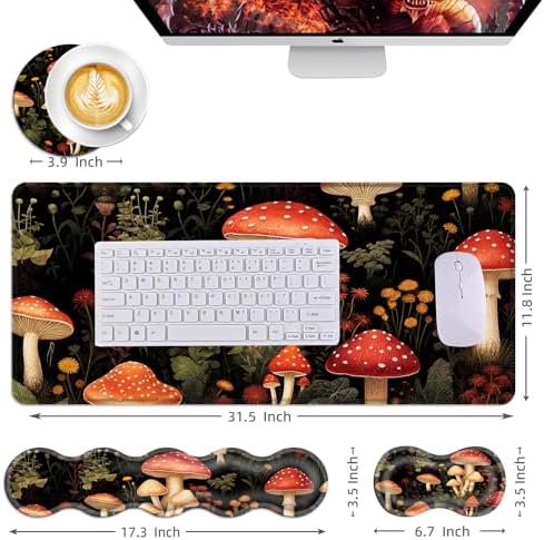 Mouse Pad,Large Desk Mat Set, 4in1 XL Mousepad + Keyboard Wrist Rest+Mouse Wrist Rest+Coaster with Ergonomic Desk Pad for Home Office Table Computer Cover -Mushrooms Woodland Botanical - Image 6
