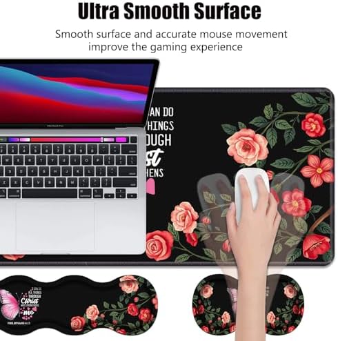 Ergonomic Memory Foam Mouse Pad Wrist Rest Set, Large Desk Pad + Keyboard Wrist Rest + Mouse Wrist Cushion + Coaster for Home Office Study Gaming, Floral Butterfly Quotes Bible Verse Philippians 4:13 - Image 3