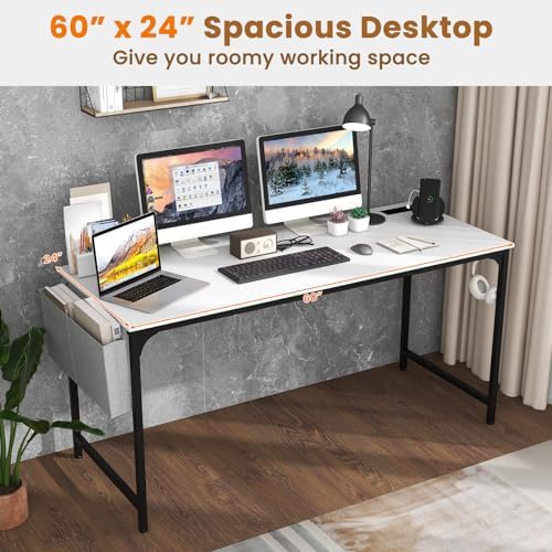 Giantex 60 Inch Computer Desk with Charging Station, Home Office Writing Desk with Storage Bag & Headphone Hook, Large Gaming Table PC Workstation, Modern Simple Laptop Desk for Bedroom, Study - Image 5