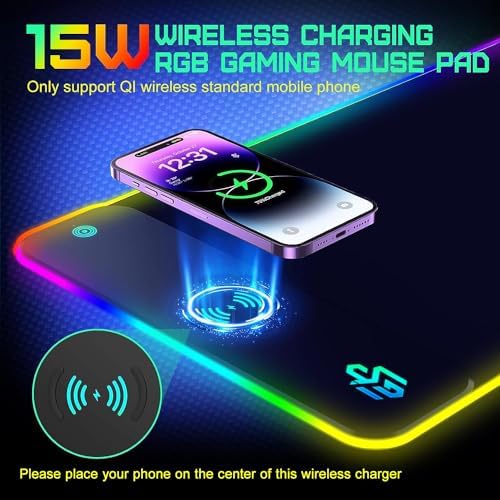 GIM Wireless Charging RGB Gaming Mouse Pad 15W, LED Mouse Mat 800x300x4MM, 10 Light Modes Extra Large Mousepad Non-Slip Rubber Base Computer Keyboard Mat for Gaming, MacBook, PC, Laptop, Desk - Image 3