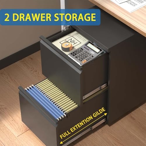 Guizeeopo 2 Drawer Locking File Cabinet, Fully Assembled Heavy-Duty Metal Filing Cabinets for Home Office, Quiet Slides, Anti-Tipping Wheels, Fits A4/Letter/Legal, Matte Black - Image 5