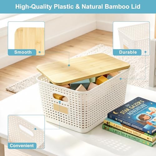 Bagnizer 2 Pack Tall Plastic Storage Bins with Bamboo Lids, 10.8qt Stackable Storages Baskets for Organizing Desktop Closet Playroom Classroom Office, 12"L x 8.3"W x 6.1"H, Cream White - Image 2