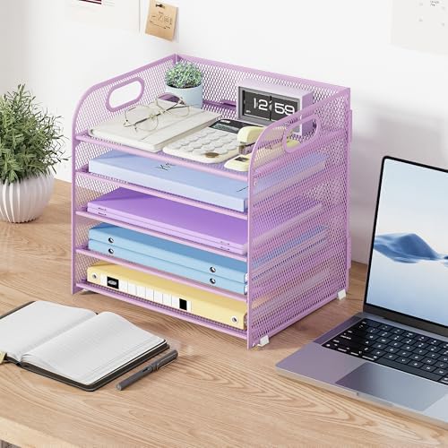 Cawukege 2 Pack 5 Tier Paper Organizer, Letter Tray with Handle, Mesh Desk Organizer, Metal File Organizer, Office Desk Accessories for Home, Office, Classroom, School -Purple - Image 7