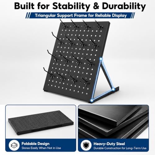 2 Pack Pegboard Display Stand, Metal Peg Board with 32 Hooks, Adjustable Angle & Foldable Design, Thick Steel Panel, Durable Tabletop Rack 16''x12'' for Vendor Display, Craft Show, Jewelry Display(Black silver) - Image 4