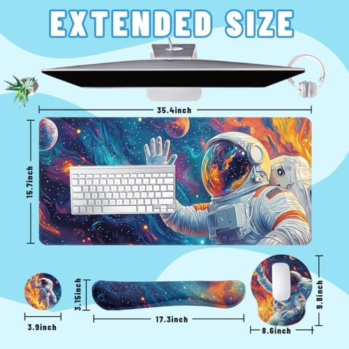 Cosmic Astronaut Desk Mat Set Colorful Galaxy Art Large Mouse Pad with Wrist Rest 4in1 Desk Mat for Desktop Ergonomic Keyboard Wrist Support Anti-Slip Computer Ergonomic Mouse Pad Home Office Gaming - Image 2