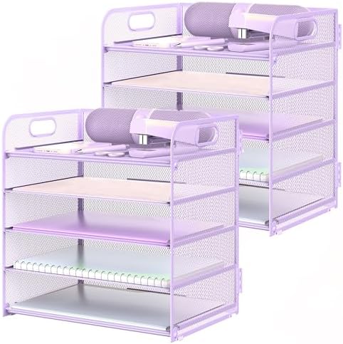 2 Pack Letter Tray Paper Organizer 5-Tier Desk Organizer File Organizer Paper Holder with Handle, Metal Desktop Document Shelf Tray Office Classroom Organization - Purple by Sinboun