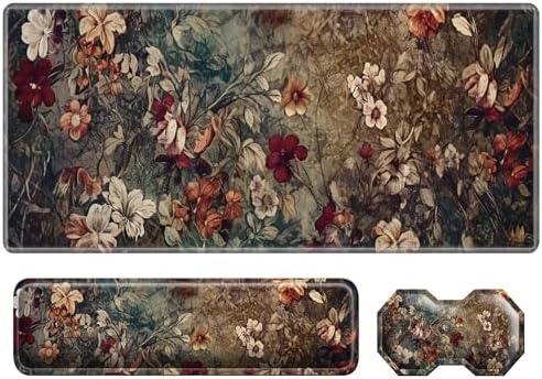 3Pcs Mouse Pad Set, Dark Art Flowers Large Gaming Mouse Pad with Stitched Edge, Ergonomic Memory Foam Keyboard Wrist Support and Mouse Wrist Rest Cushion, Pain Relief Non-Slip Desk Pad Combo by SROJDHFJB