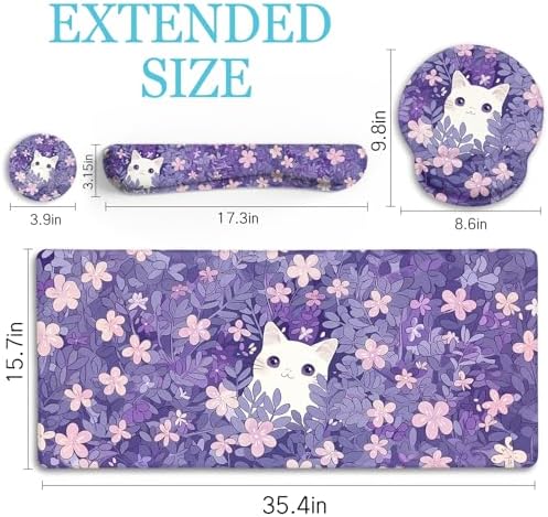LIMKRIAN Purple Mouse Pad Large Desk Mat Set, Kawaii Cat Gaming Mousepad - Image 6