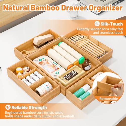 Bamboo Drawer Organizer, 5-Piece Stackable Trays with Removable Dividers - Image 3